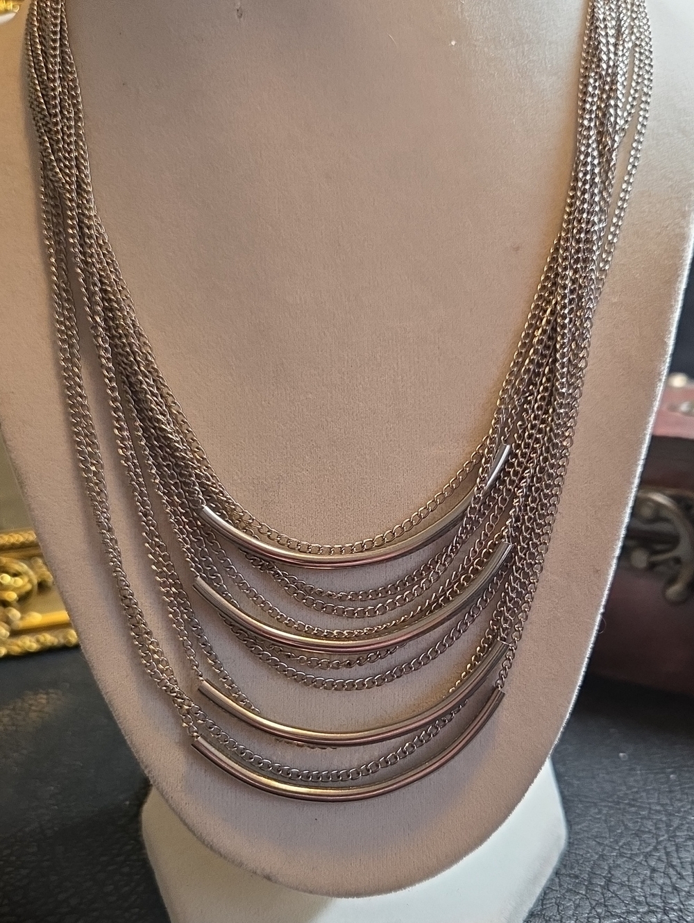 Vintage G By Guess Layered Multi-Chain Silvertone With Sliding Silver Tubes